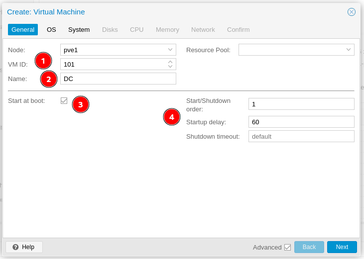 General tab — VM ID, Name, Start at boot, and order settings