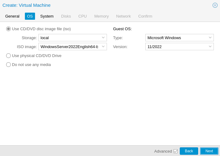 OS tab — ISO image and Guest OS Type selection