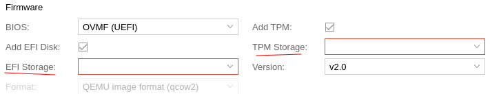 System tab — UEFI firmware, EFI and TPM storage settings