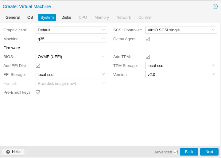 System tab — VirtIO SCSI controller and Qemu Agent enabled