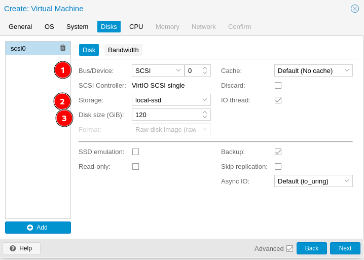 Disks tab — SCSI bus, storage location, and disk size