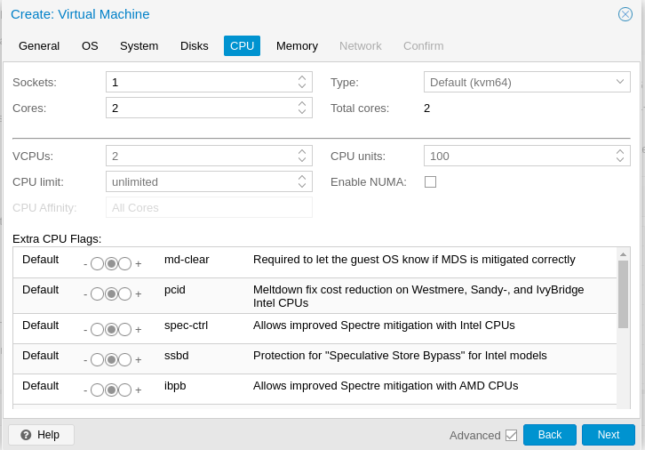 CPU tab — core count assignment