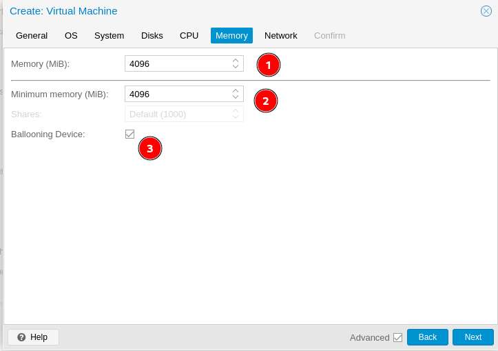 Memory tab — max/min memory and ballooning device