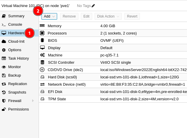 VM Hardware panel — Add button highlighted