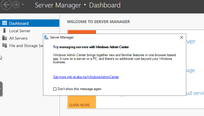 Windows Server desktop with Server Manager and WAC popup