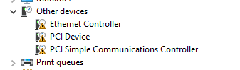 Device Manager showing three unknown devices