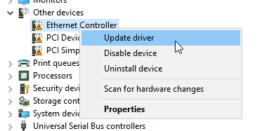 Right-click Update driver on Ethernet Controller