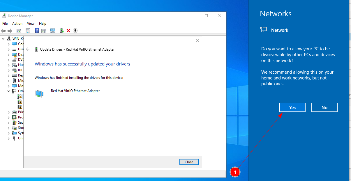 Network driver installed — click Yes on network discoverability