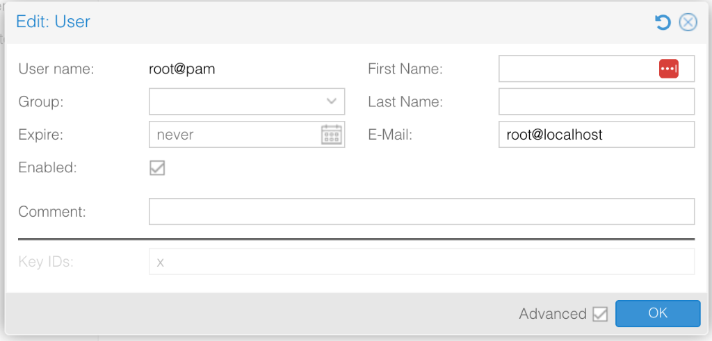Edit User dialog for root@pam showing the E-Mail field