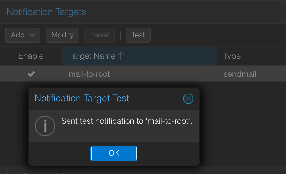 Proxmox confirmation dialog showing 'Sent test notification to mail-to-root'
