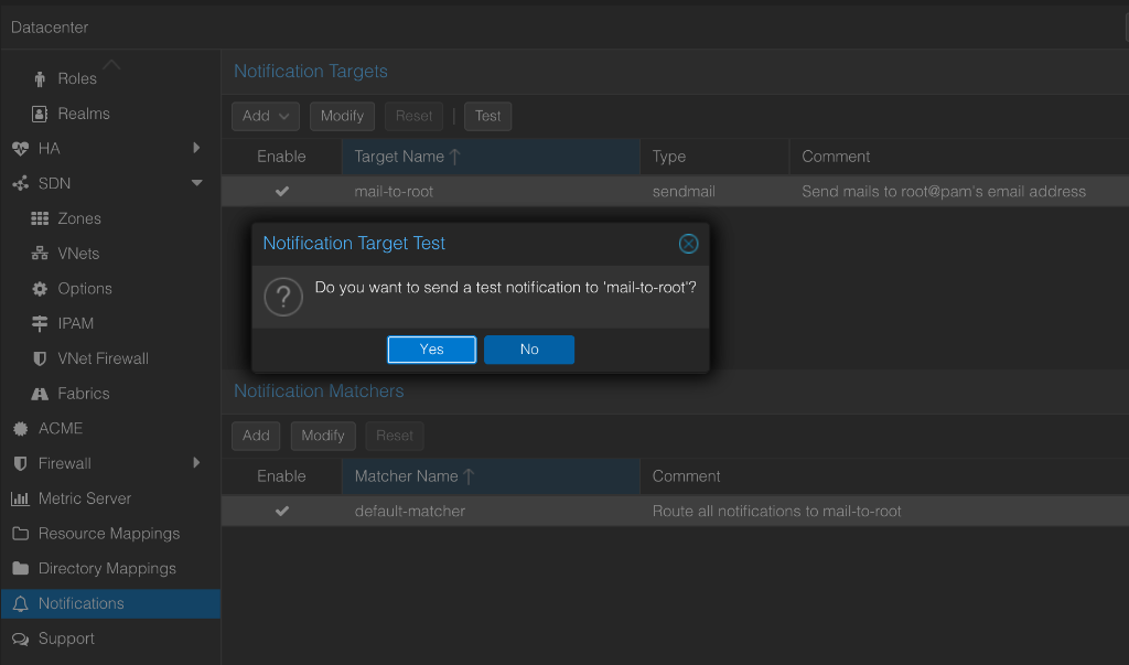 Proxmox Datacenter Notifications panel — selecting mail-to-root and clicking Test