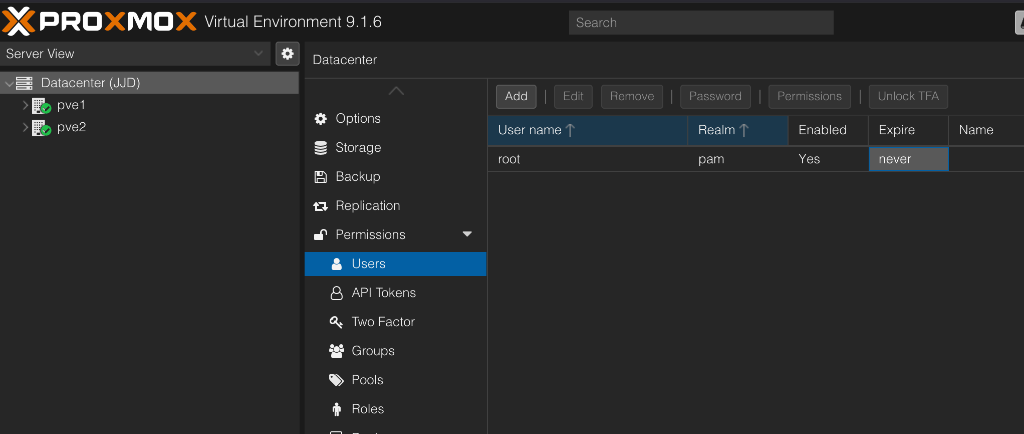 Proxmox Datacenter → Permissions → Users panel showing the root user