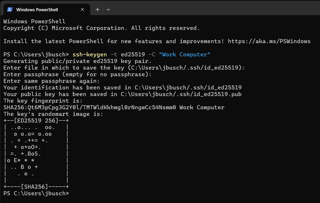 SSH keygen output showing fingerprint and randomart