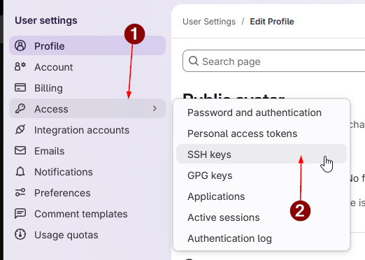GitLab sidebar — SSH keys navigation