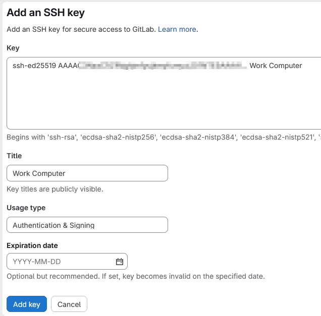 GitLab Add SSH key form with key pasted and title auto-populated