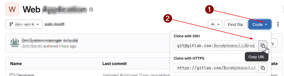 GitLab project page — Clone with SSH URL