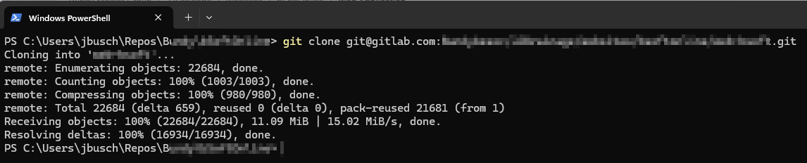 Terminal showing a successful git clone via SSH